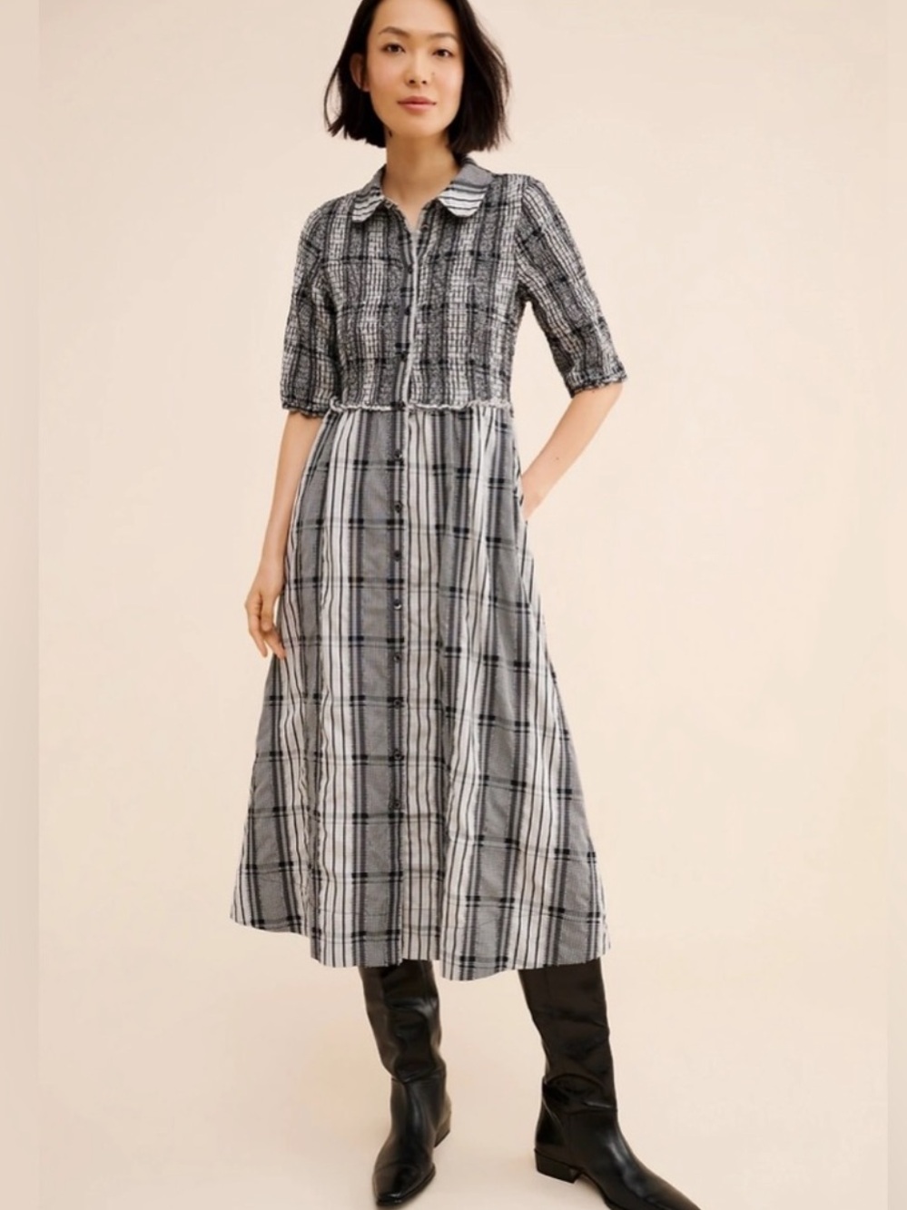 Anthropologie Maeve Smocked Plaid Midi Shirt Dress Size S